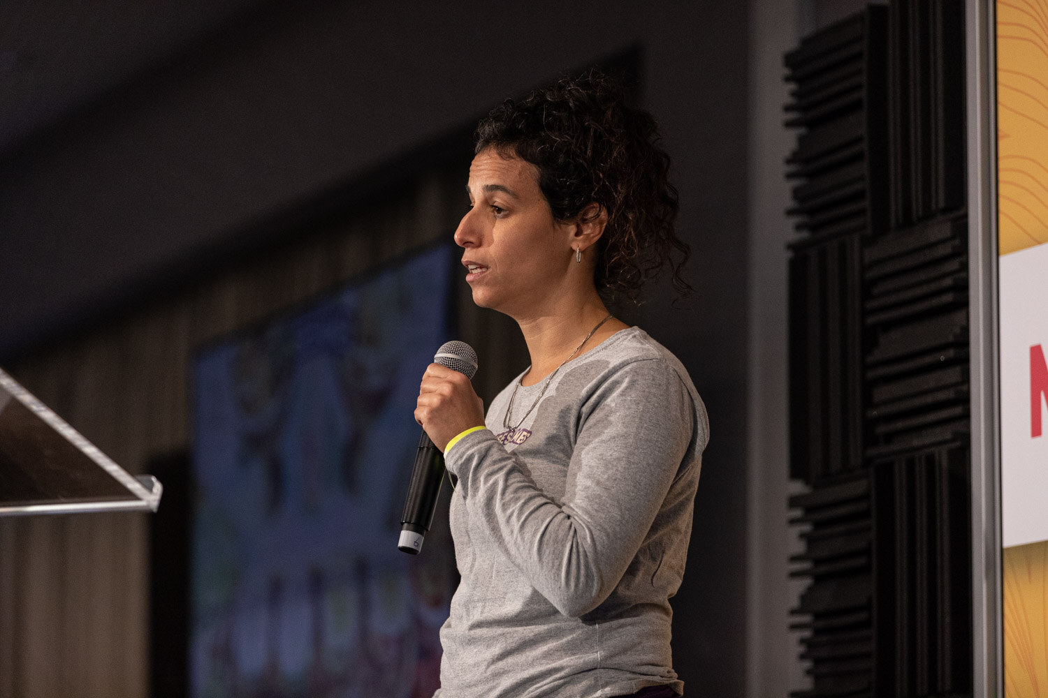 Woman with curly dark hair in a gray long-sleeved shirt speaking into a microphone.