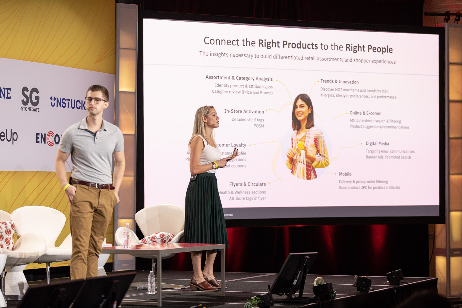 A man and a woman stand on stage next to a large screen showing a slide titled Connect the Right Products to the Right People.