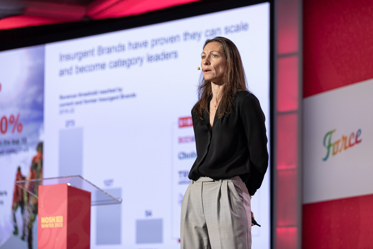 A woman on stage beside a large slide with a bar chart on insurgent brands.