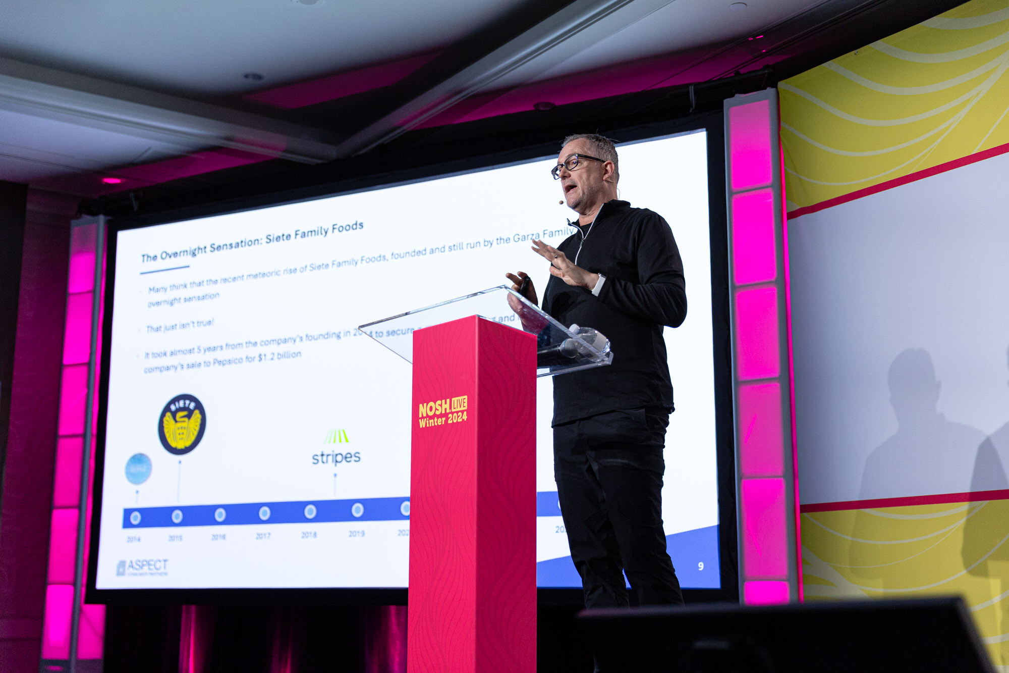 Wide view of a man in black at a red podium next to a large screen showing a company timeline.