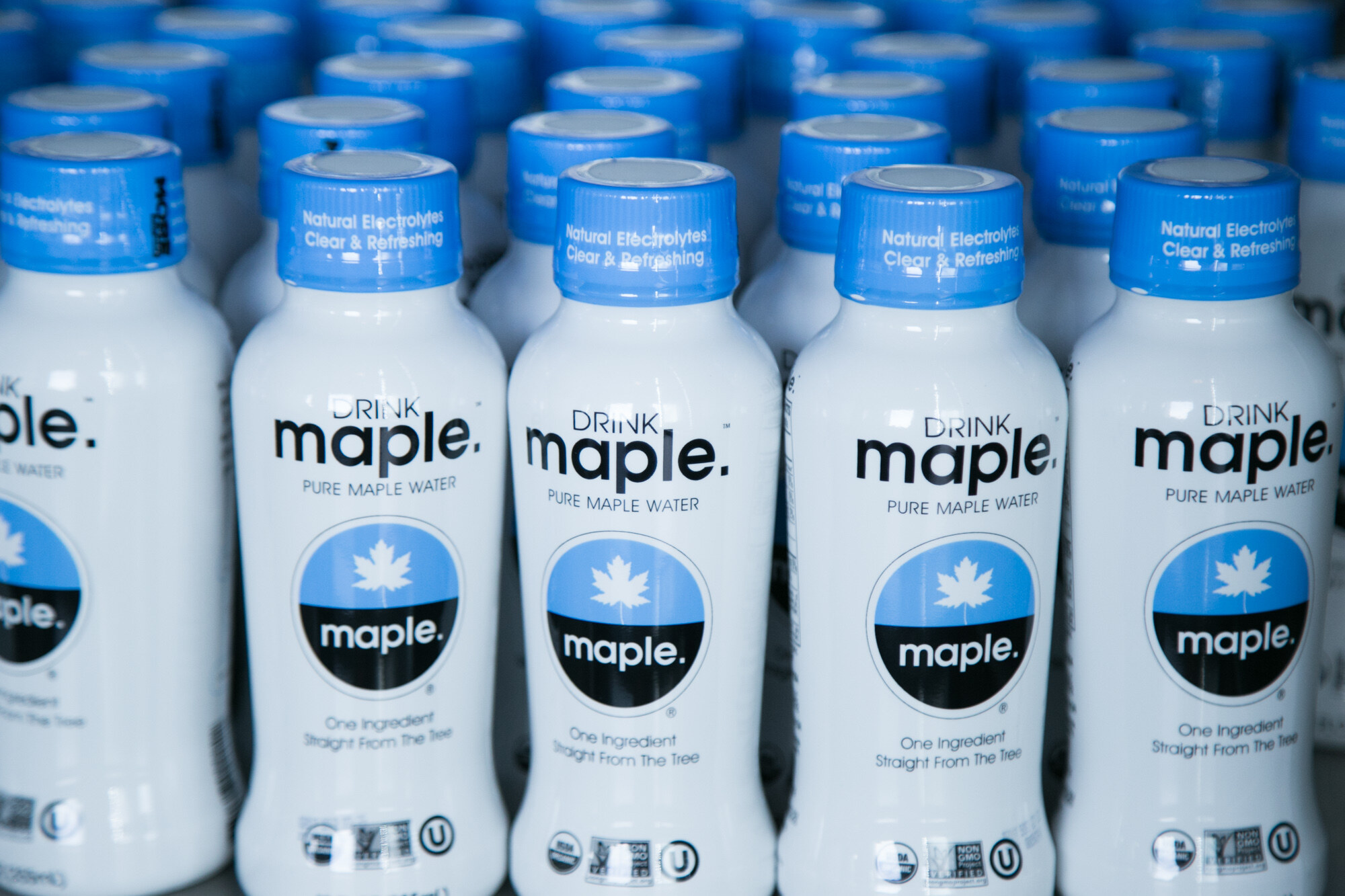 Rows of white bottles with blue caps labeled Drink Maple, Pure Maple Water.