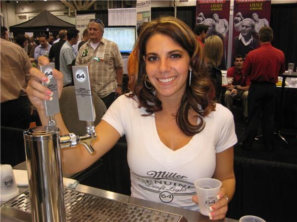 A smiling woman in a Miller Genuine Draft Light shirt pours from a tap with 64 handles and holds a cup. MicroSale POS and Arnold Palmer Half & Half signs are behind her.