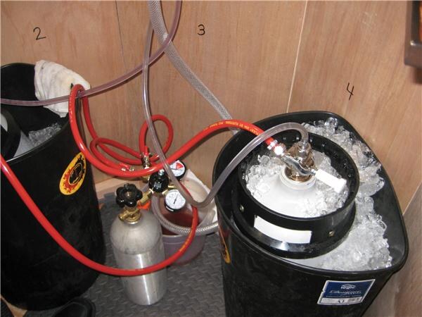 Kegs sit in black tubs filled with ice, connected by red and clear tubing to a silver CO2 tank with pressure gauges, beside a wood-paneled wall.