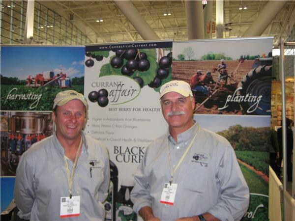 Two men in gray work shirts, caps and badges stand in front of Currant Affair banners showing black currants and farm scenes labeled harvesting and planting.