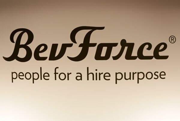 Black BevForce logo with the tagline "people for a hire purpose" on a tan gradient background.