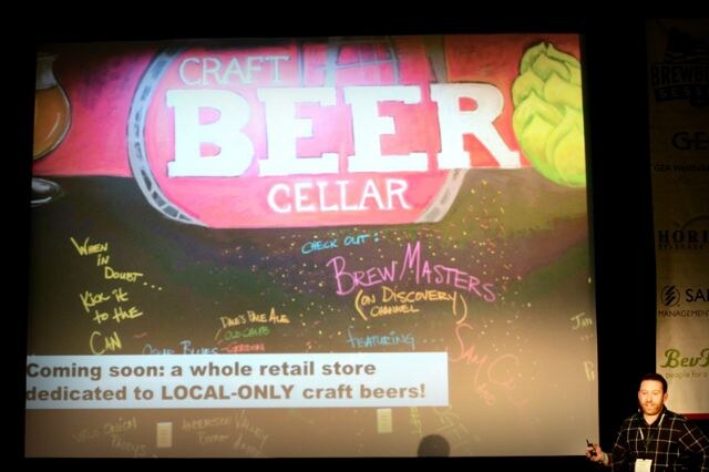 Projected slide with a chalkboard-style Craft Beer Cellar logo and a banner reading a whole retail store dedicated to local-only craft beers is coming soon. A man stands at the lower right.
