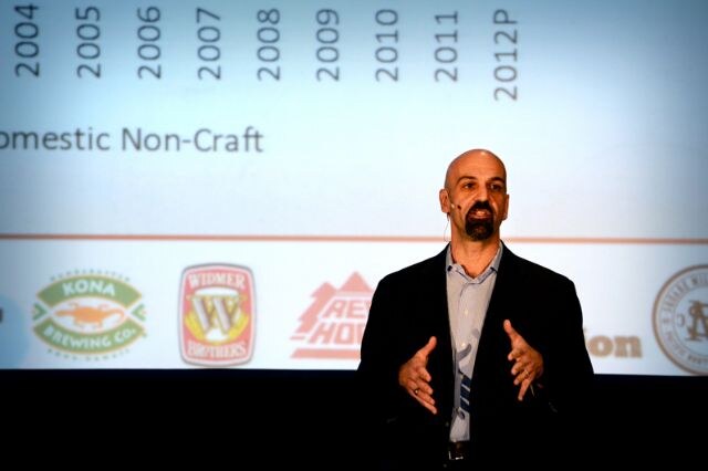 A bald, bearded man in a dark blazer gestures with both hands while speaking in front of a projected chart with Kona Brewing Co. and Widmer Brothers logos and years from 2004 to 2012.