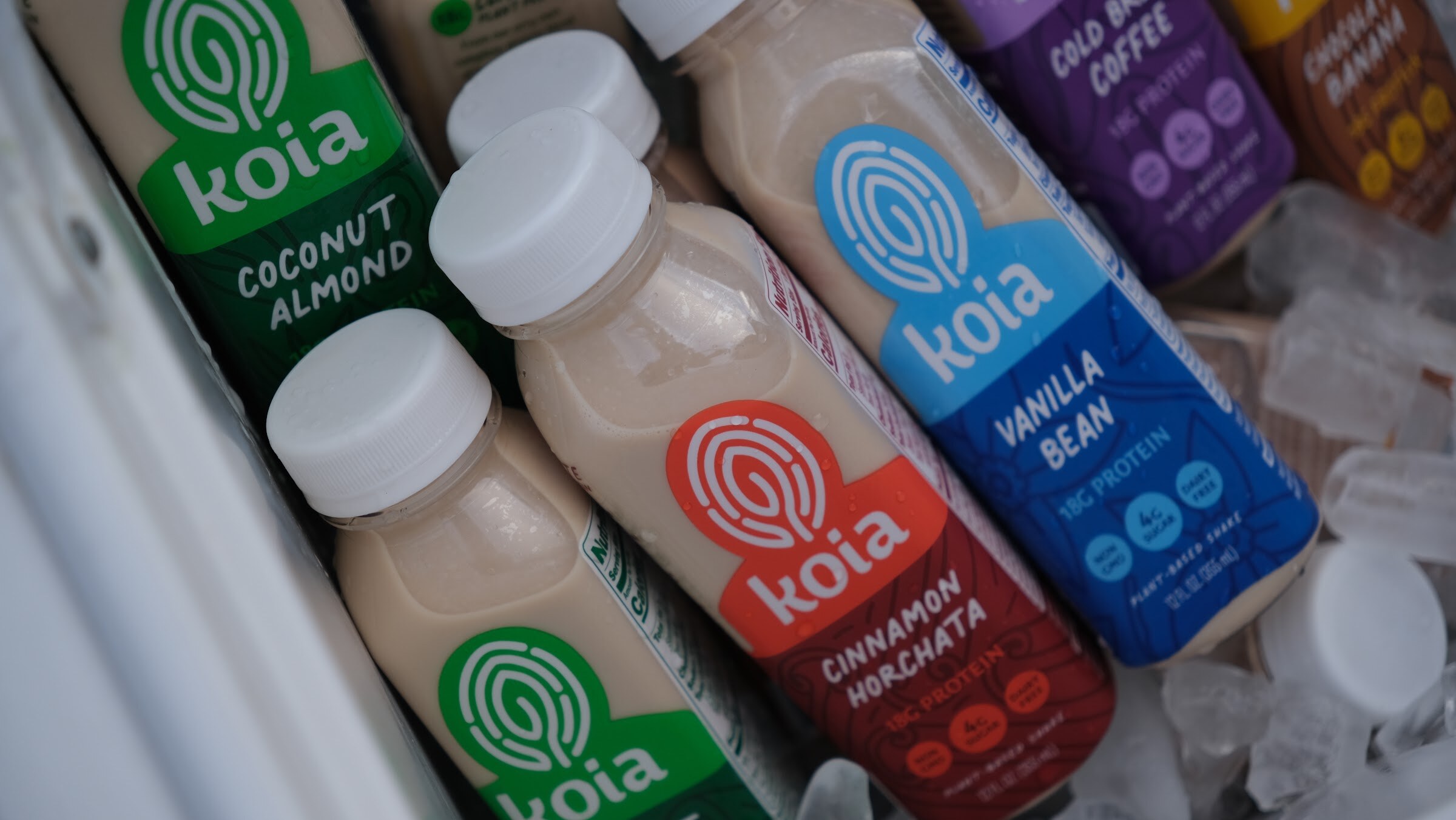 Bottles of koia coconut almond, vanilla bean and cinnamon horchata drinks on ice in a cooler.
