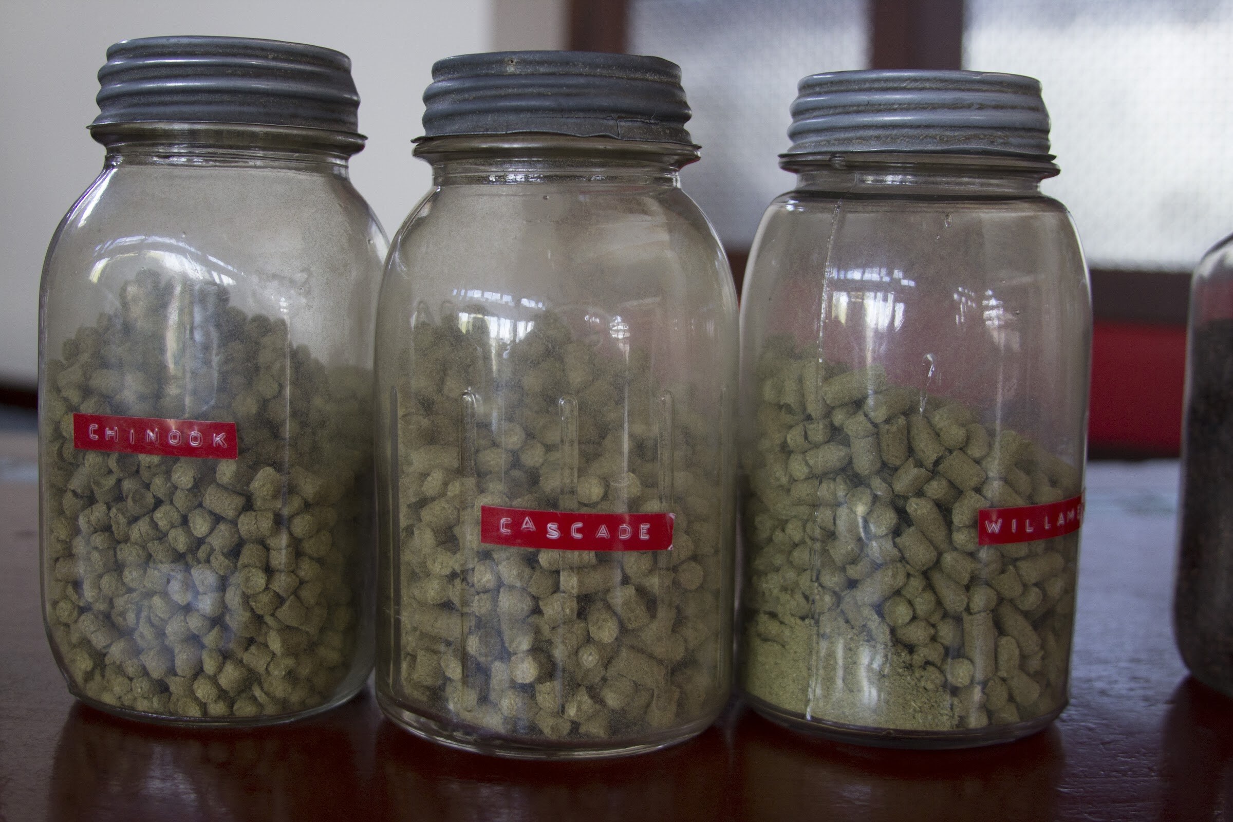 Three lidded glass jars hold green hop pellets, with Chinook and Cascade labels clearly visible.