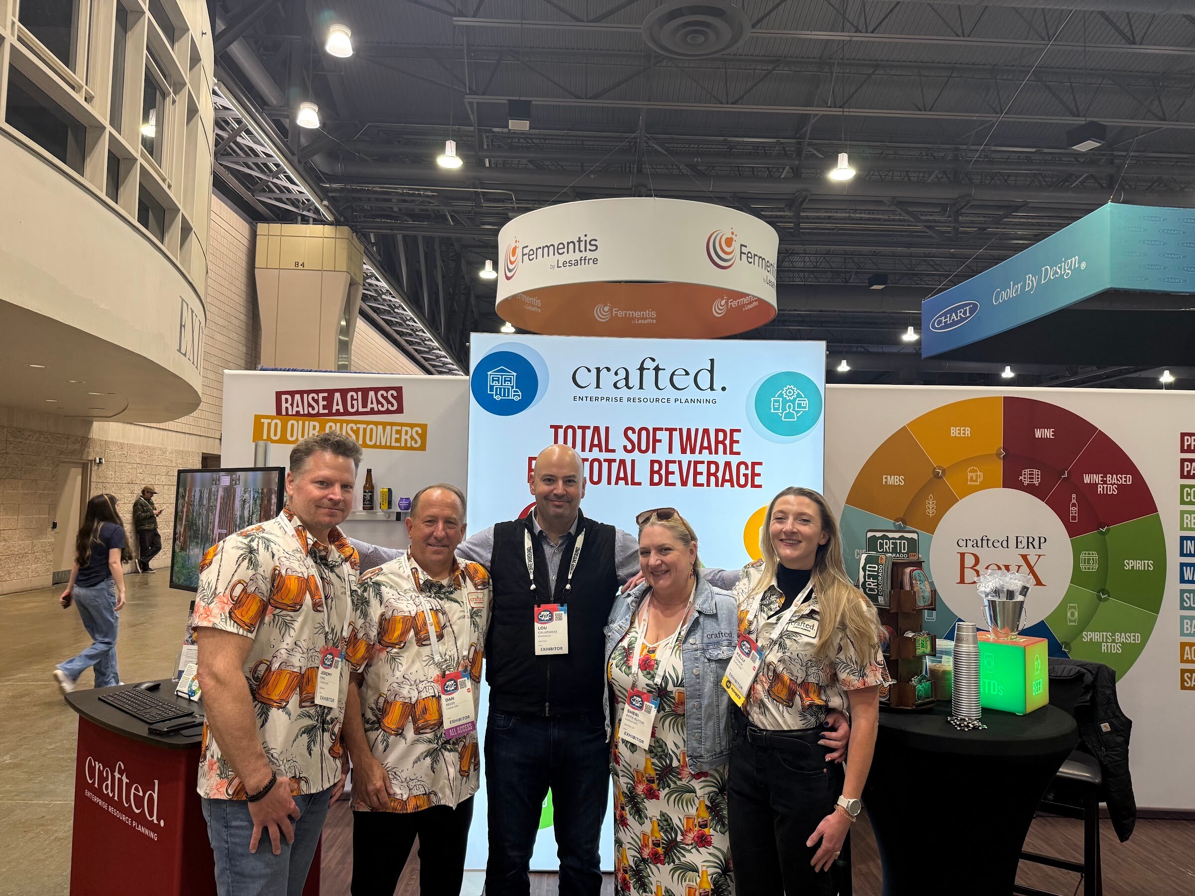 Five people, several in matching beer-print shirts, pose in front of a Crafted total software for total beverage display.