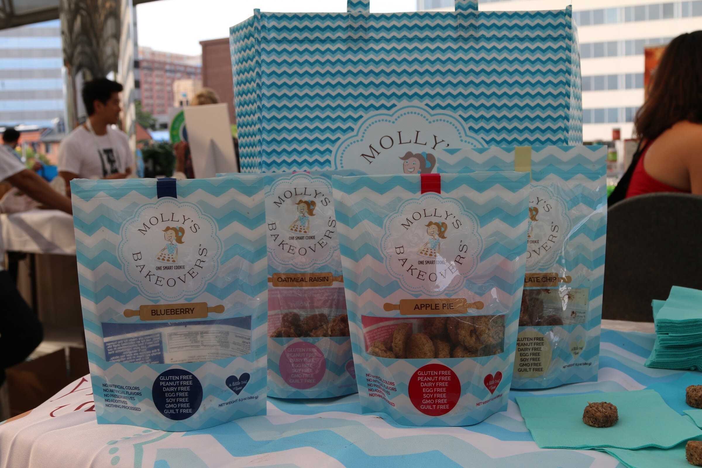 Light blue Molly's Bakeovers pouches in front of a blue chevron shopping bag, with people seated in the background.