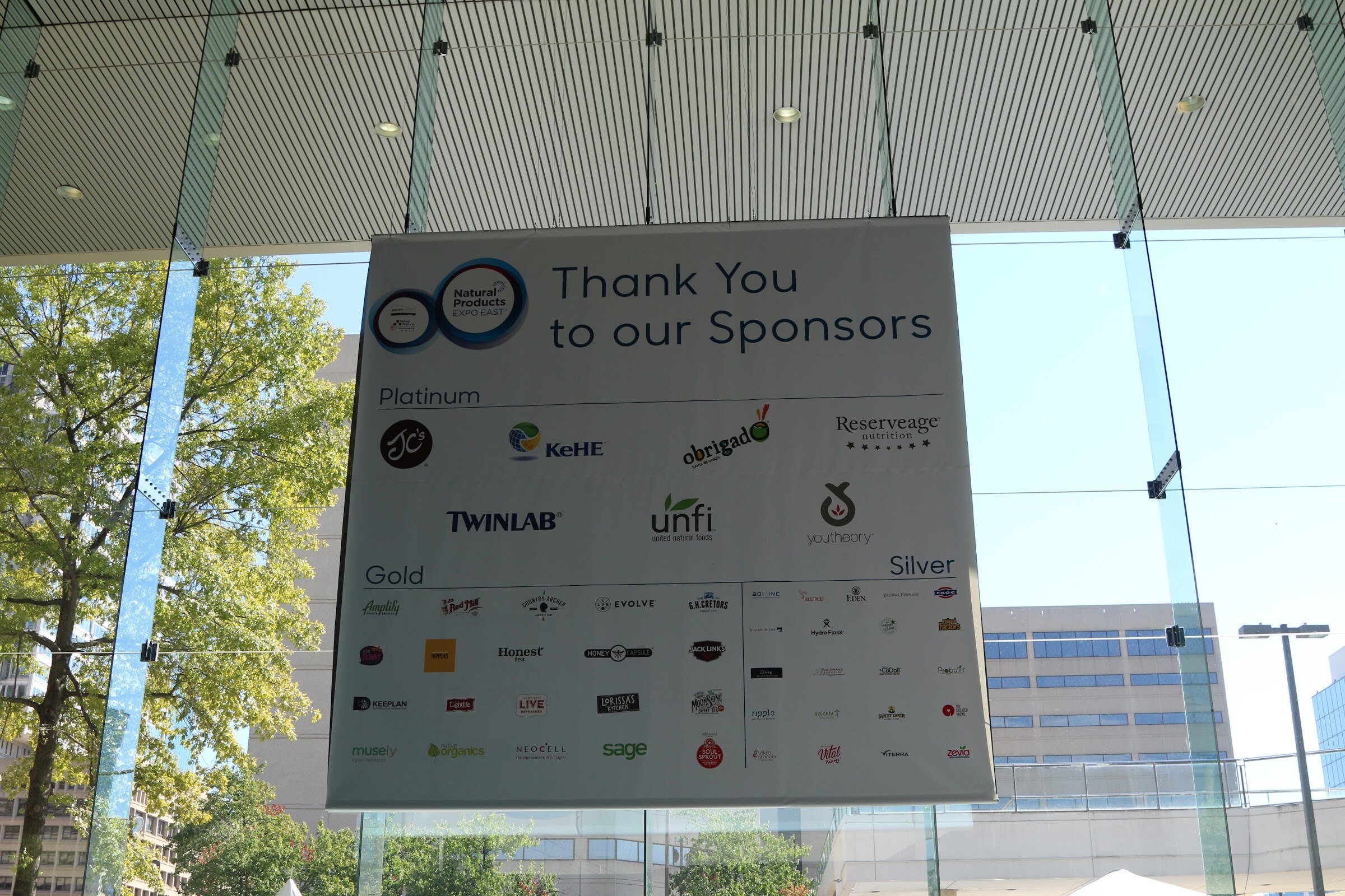 A framed hanging sign headed Thank You to our Sponsors with sponsor logos in platinum, gold and silver sections, with trees and a building outside the window.