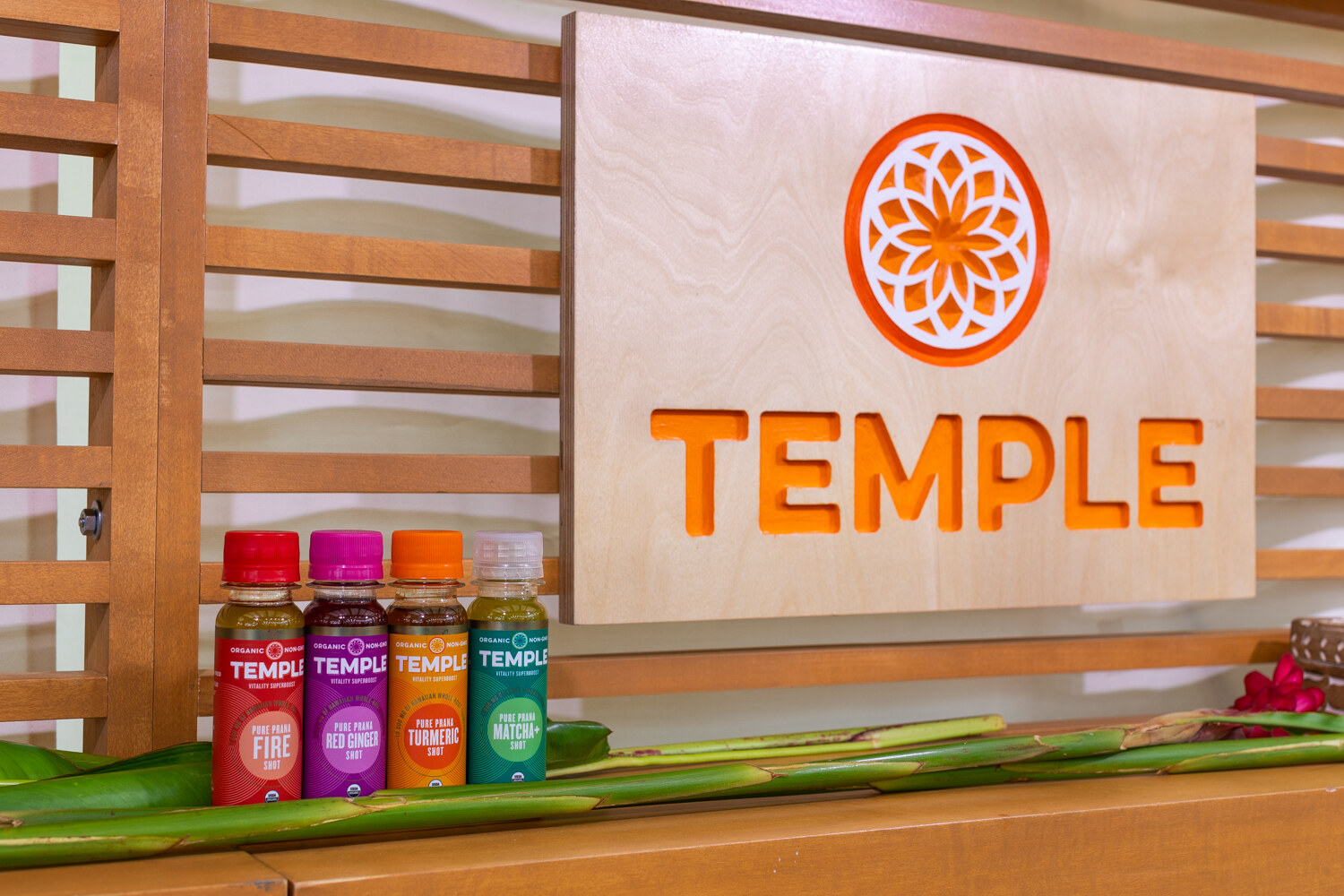 Four small colorful Temple shot bottles on a wood counter below an orange Temple logo sign.