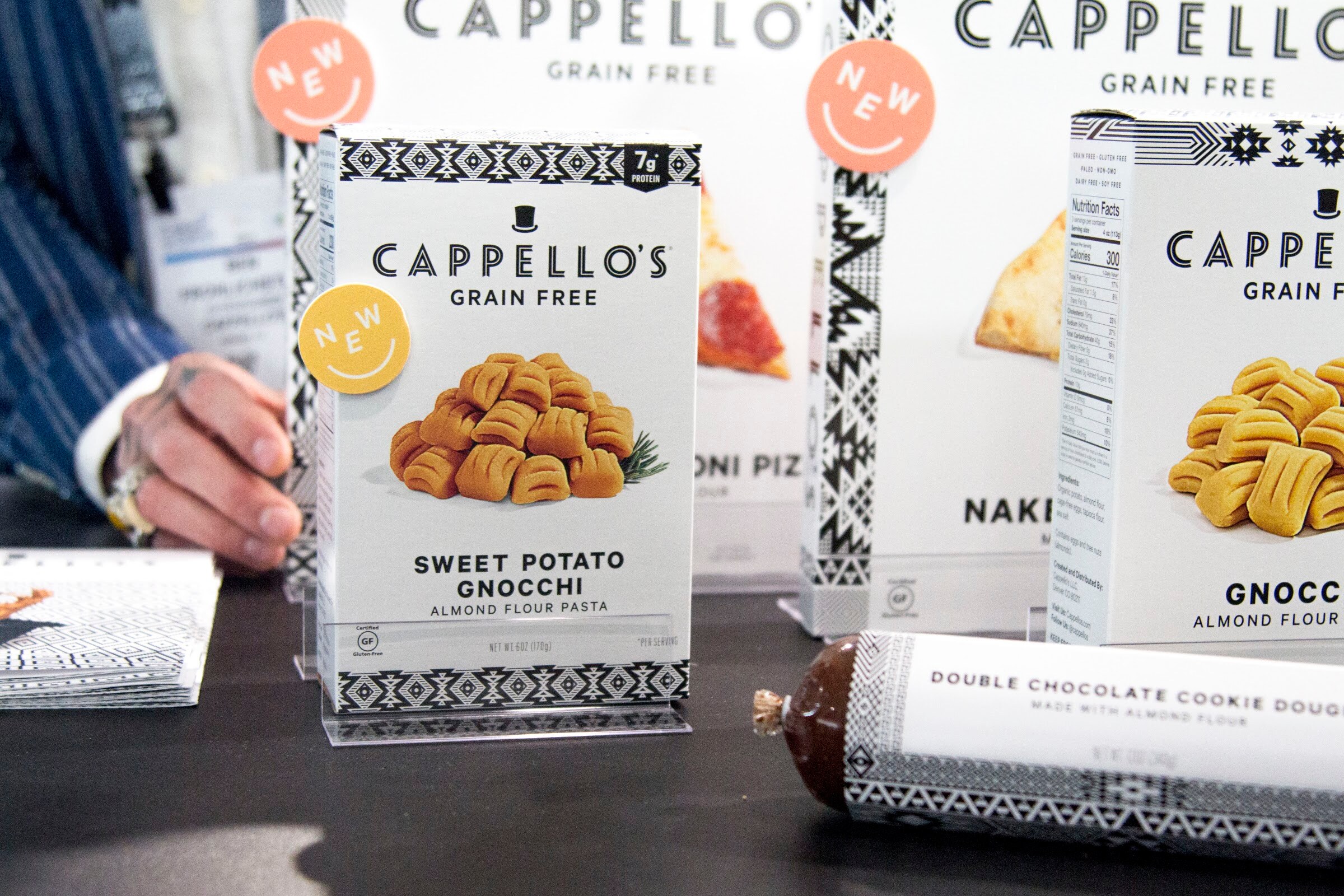A box of Cappello's Grain Free Sweet Potato Gnocchi on a counter with more Cappello's packages behind it.