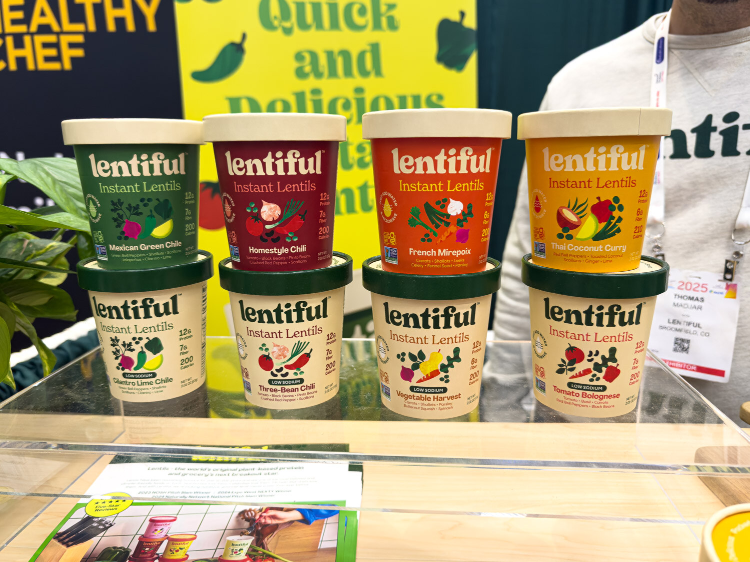 Rows of Lentiful instant lentil cups in a display case