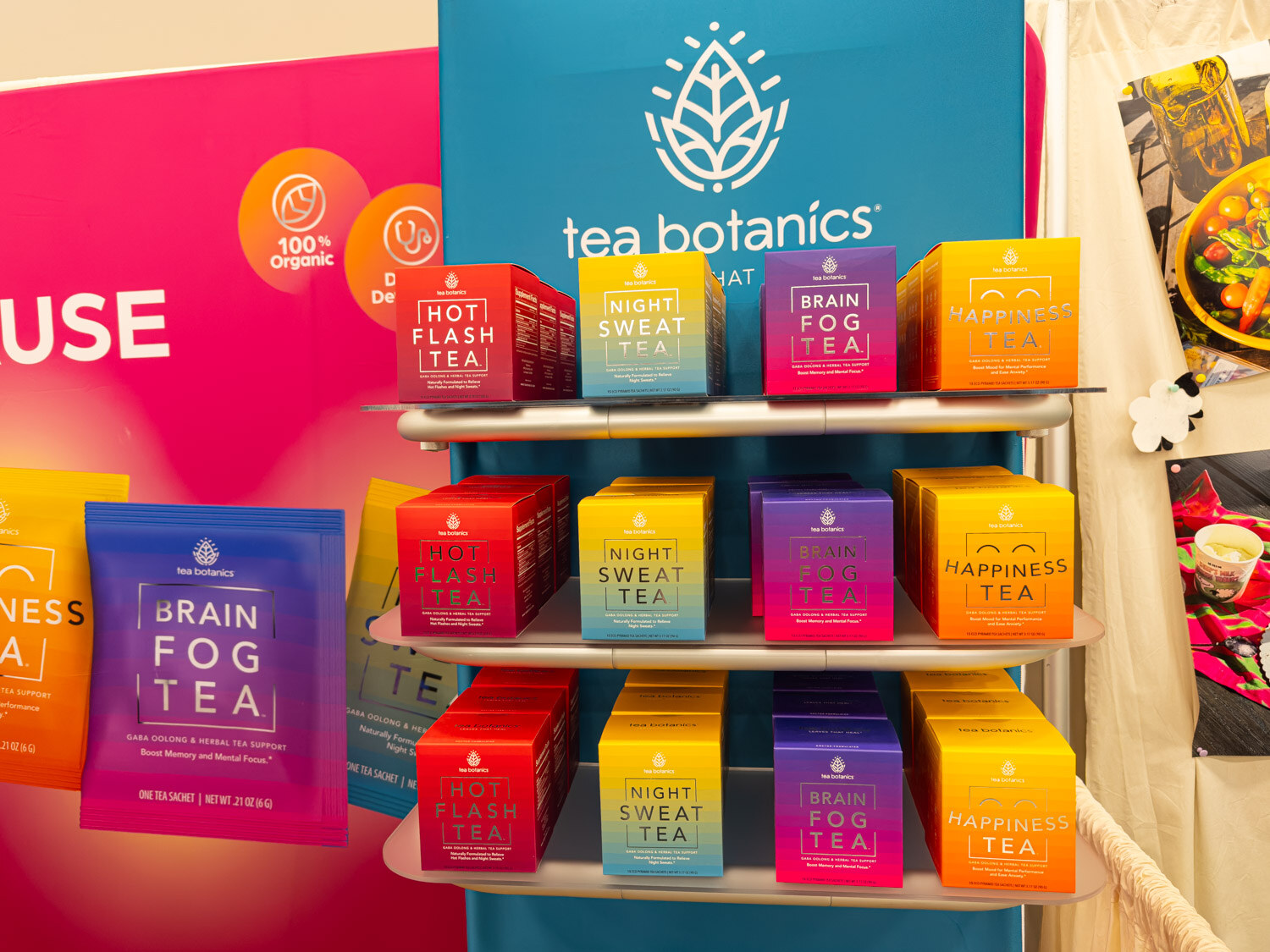 A Tea Botanics shelf with boxes of Brain Fog Tea, Night Sweat Tea and other teas