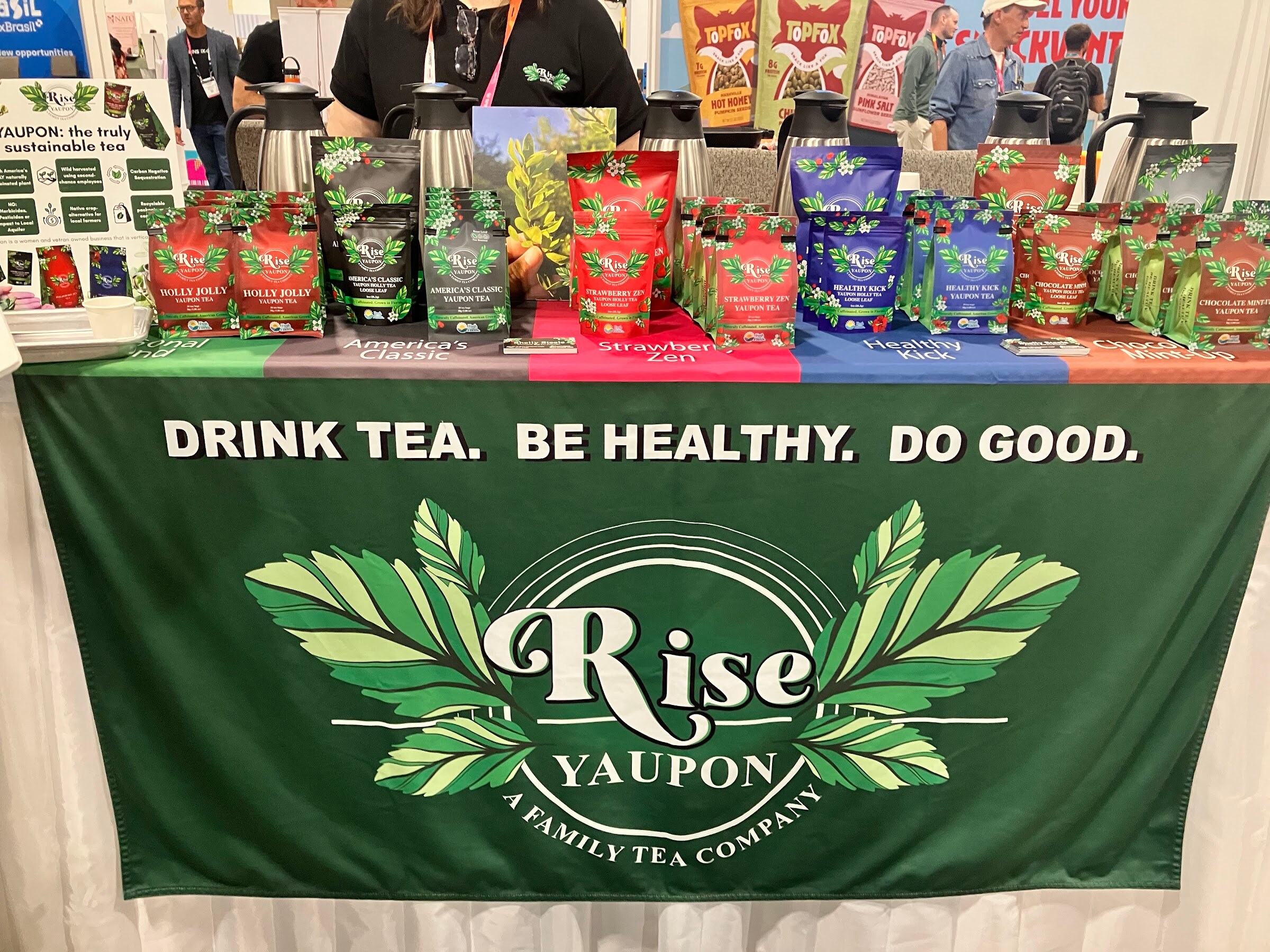 Bags of Rise Yaupon tea above a green banner reading Drink tea. Be healthy. Do good.