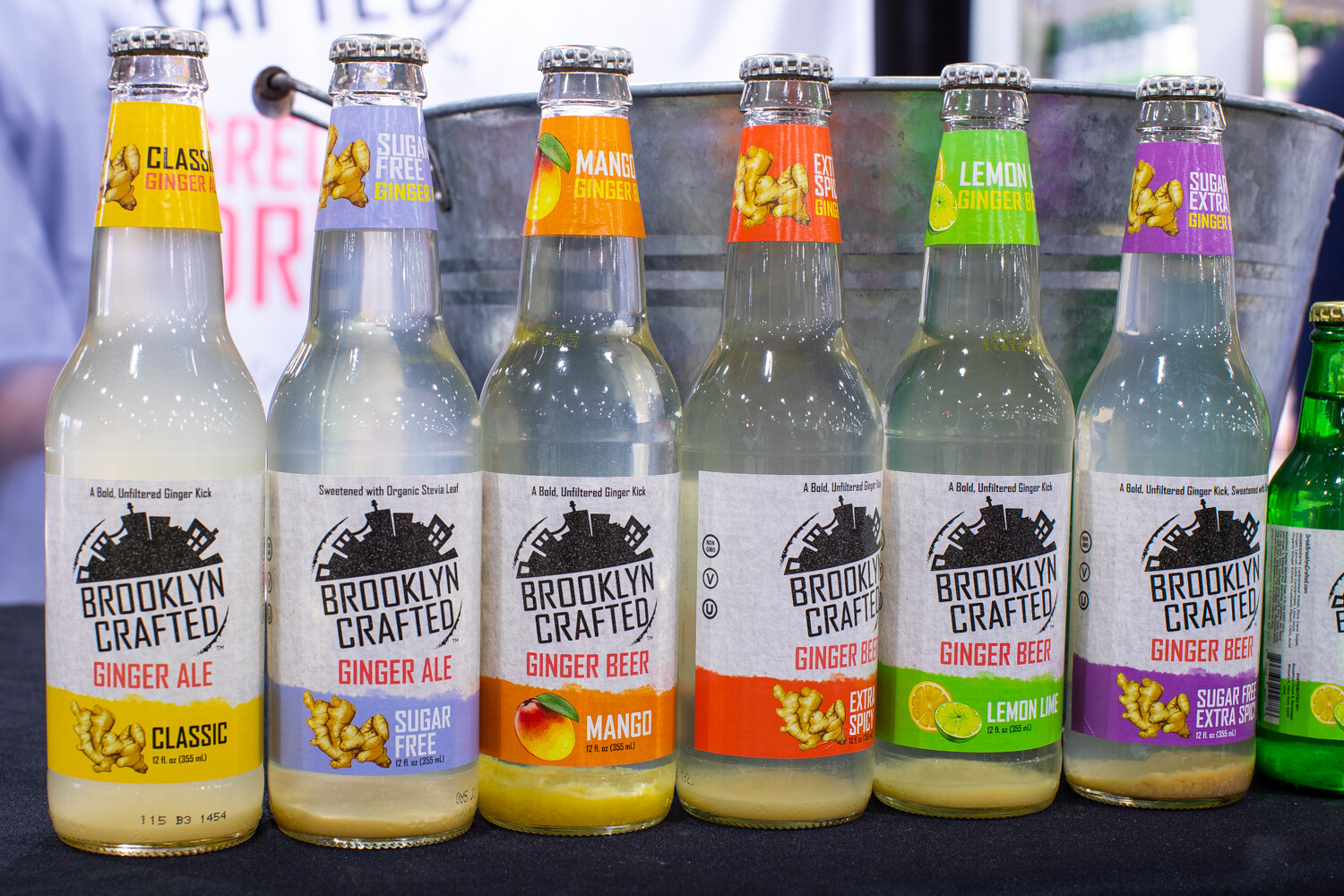 Six bottles of Brooklyn Crafted ginger beer in classic, mango and lemon-lime flavors.