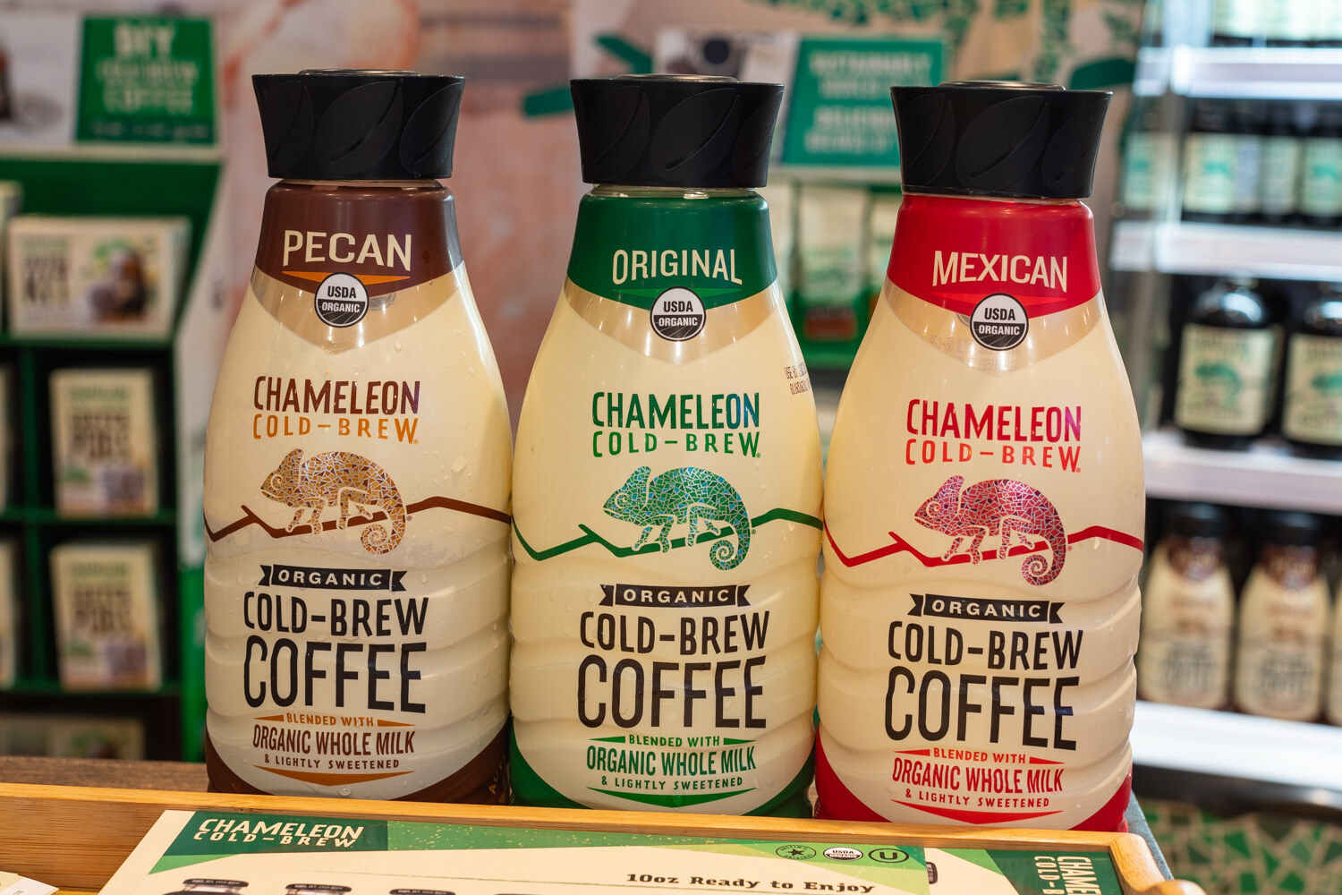 Three bottles of Chameleon Cold-Brew Coffee.