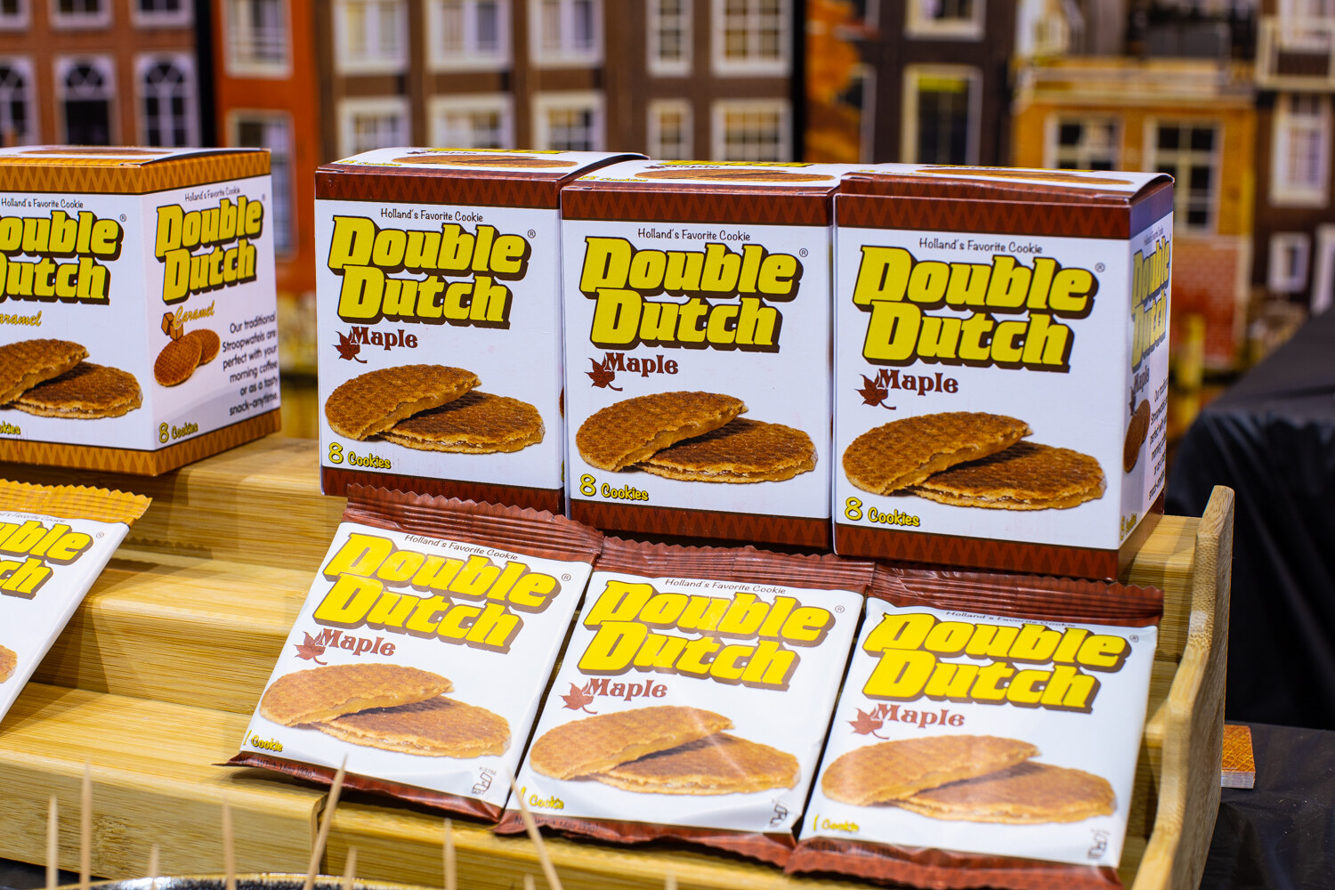 Boxes and packs of Double Dutch Maple cookies.