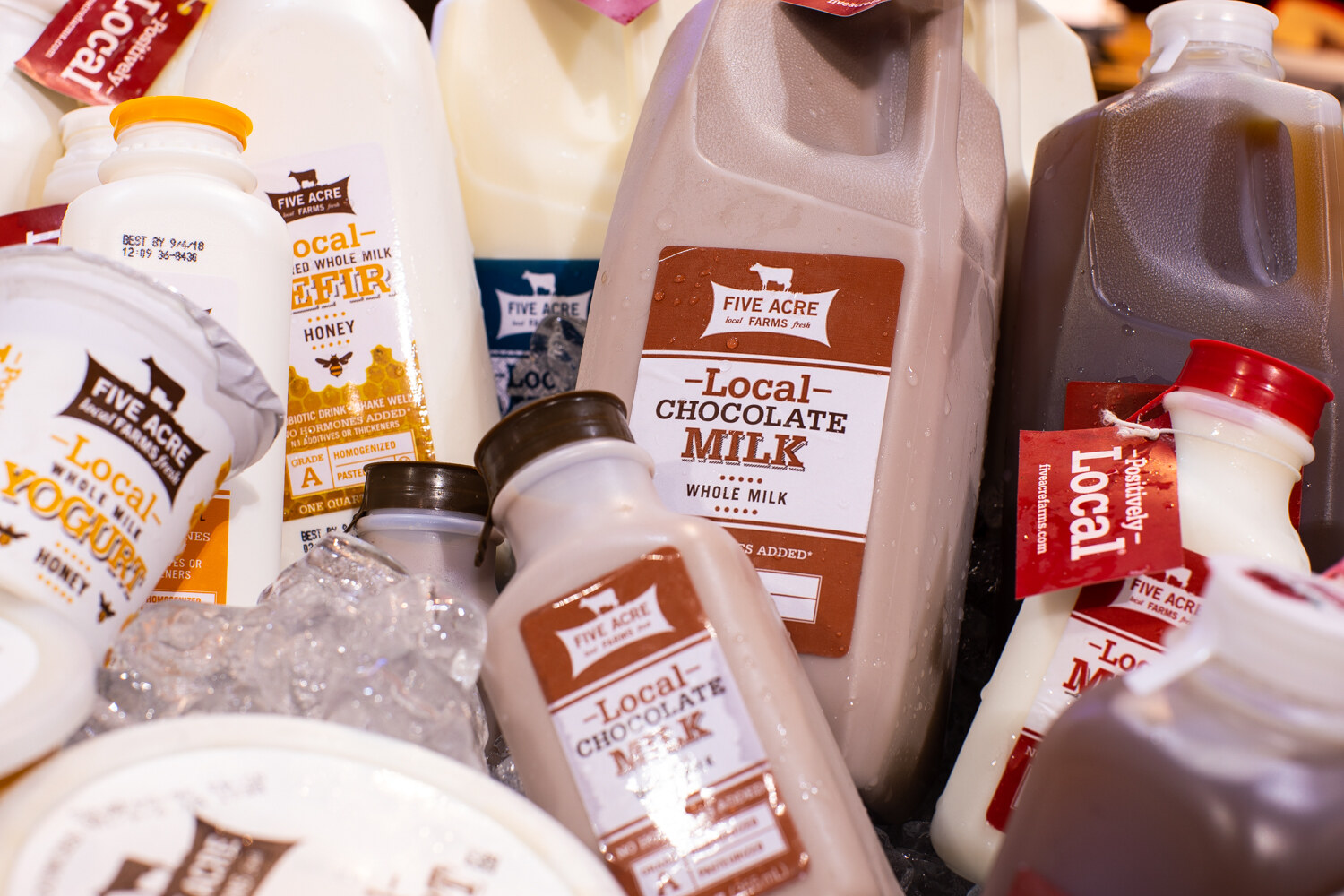 Bottles and jugs of Five Acre Farms milk and chocolate milk in ice.
