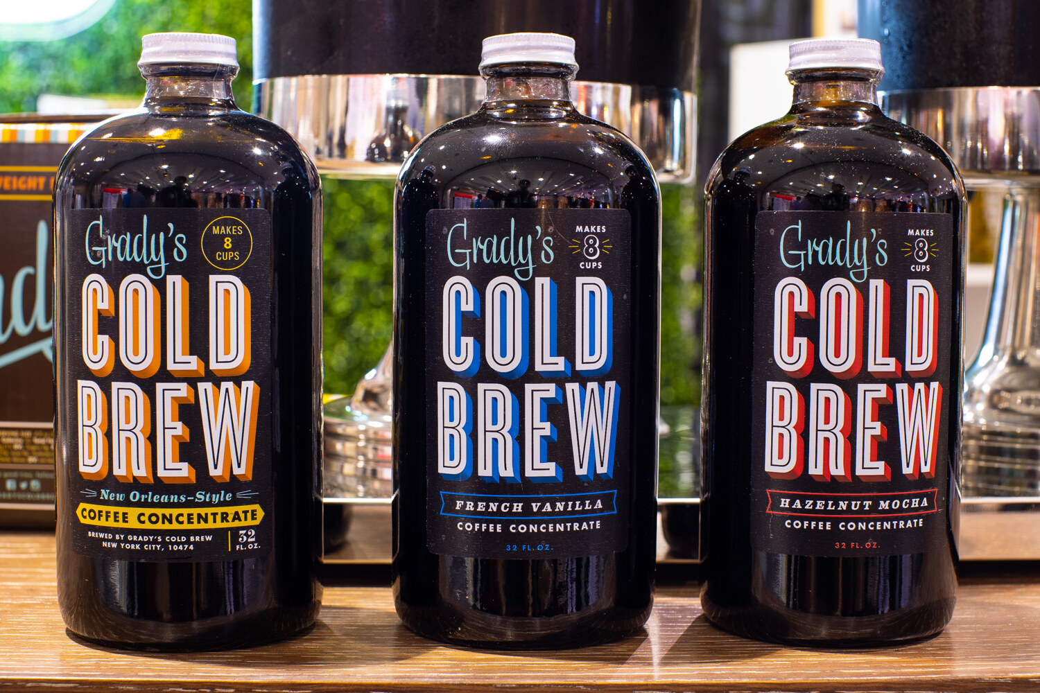 Three bottles of Grady's Cold Brew in New Orleans-style, French vanilla and hazelnut mocha.