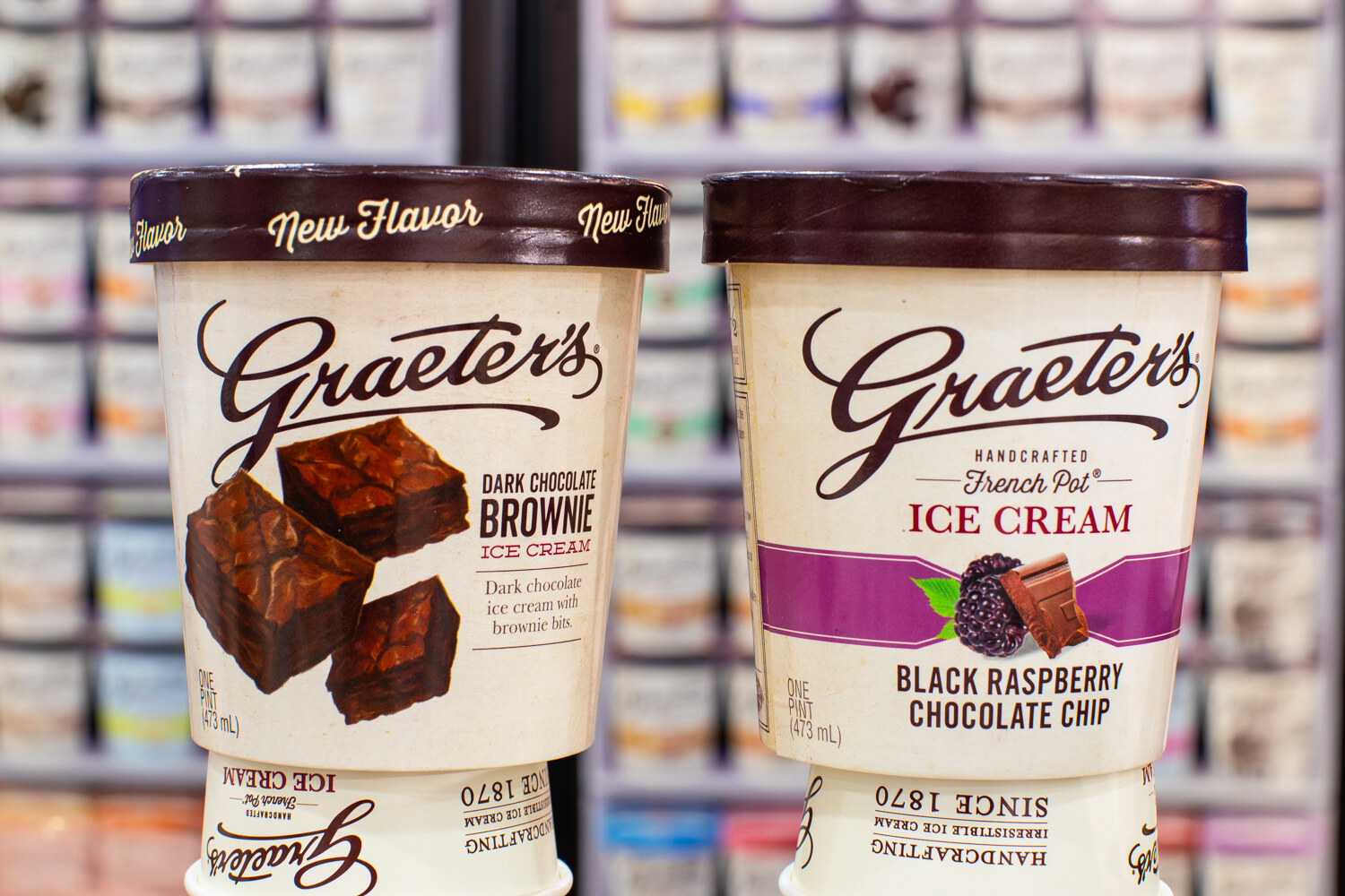 Pints of Graeter's dark chocolate brownie and black raspberry chocolate chip.
