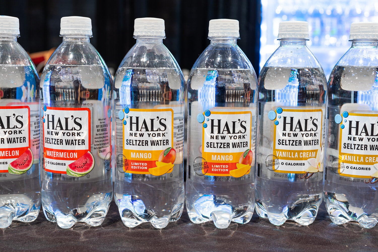 Bottles of Hal's New York seltzer in watermelon, mango and vanilla cream.