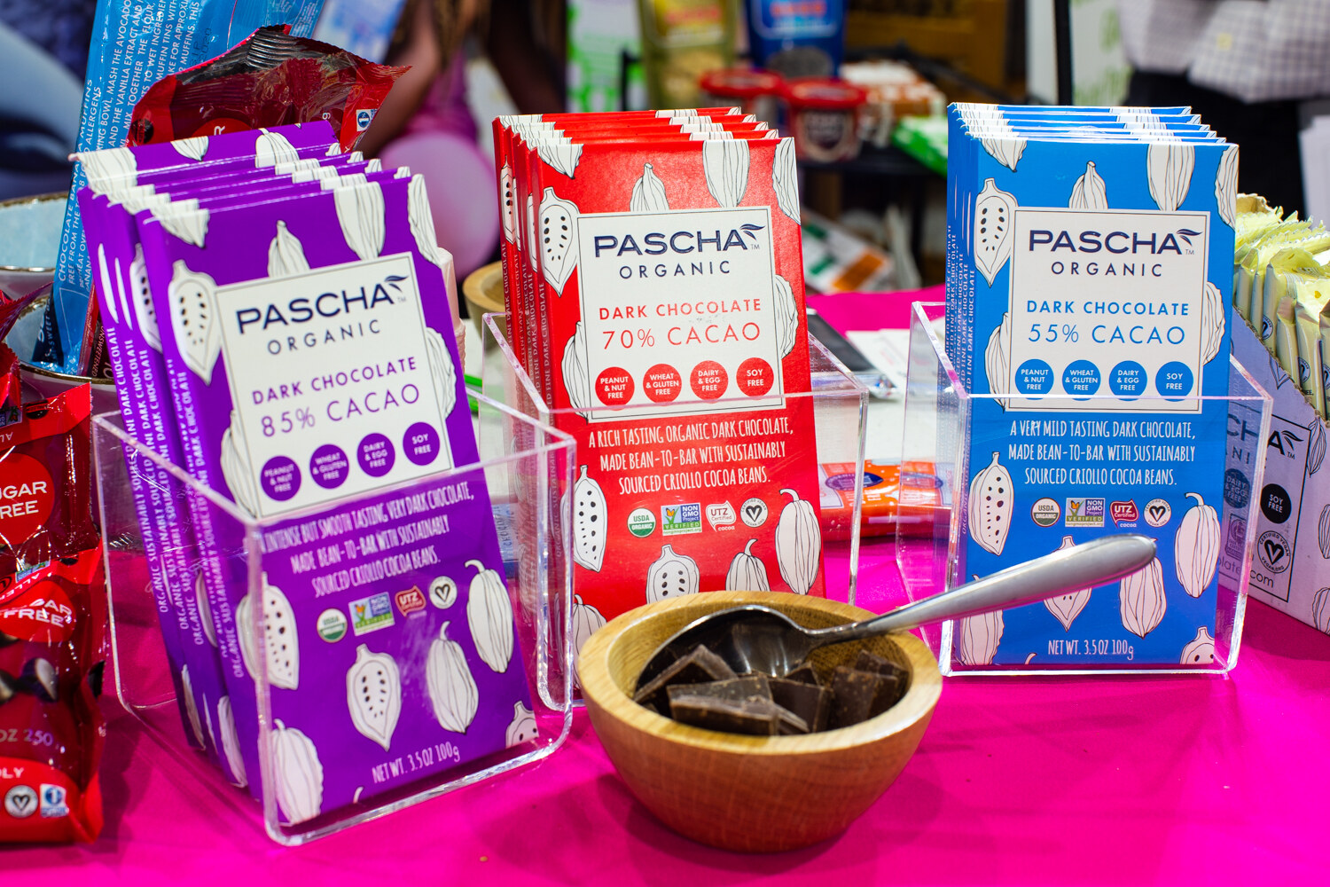 Pascha bars in 85, 70 and 55 percent cacao with a tasting bowl.