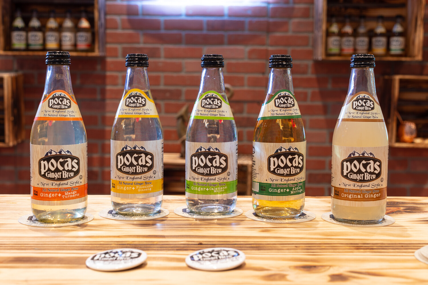 Five bottles of Pocas Ginger Brew in front of a brick wall.