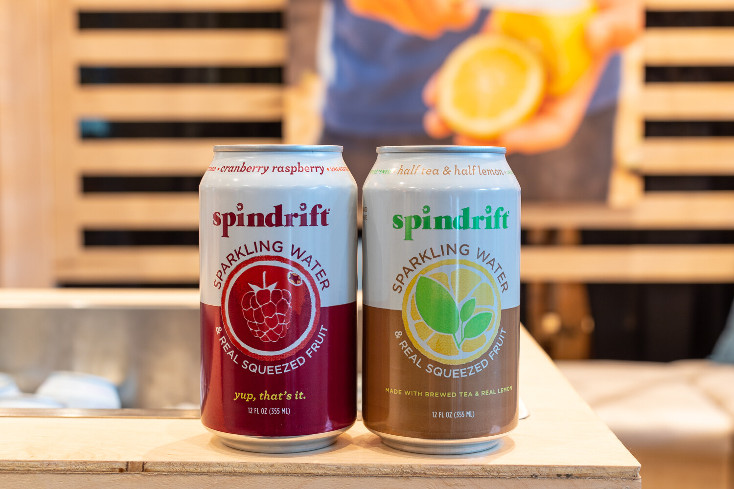 Cans of raspberry lime and half tea and half lemonade Spindrift.