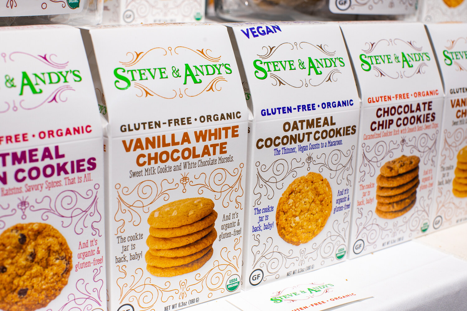 Boxes of vanilla white chocolate and other cookies.