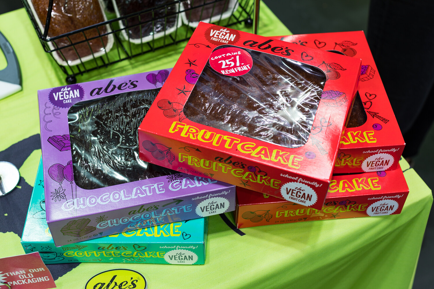 Photo of boxes of Abe's Vegan fruitcake and chocolate cake.