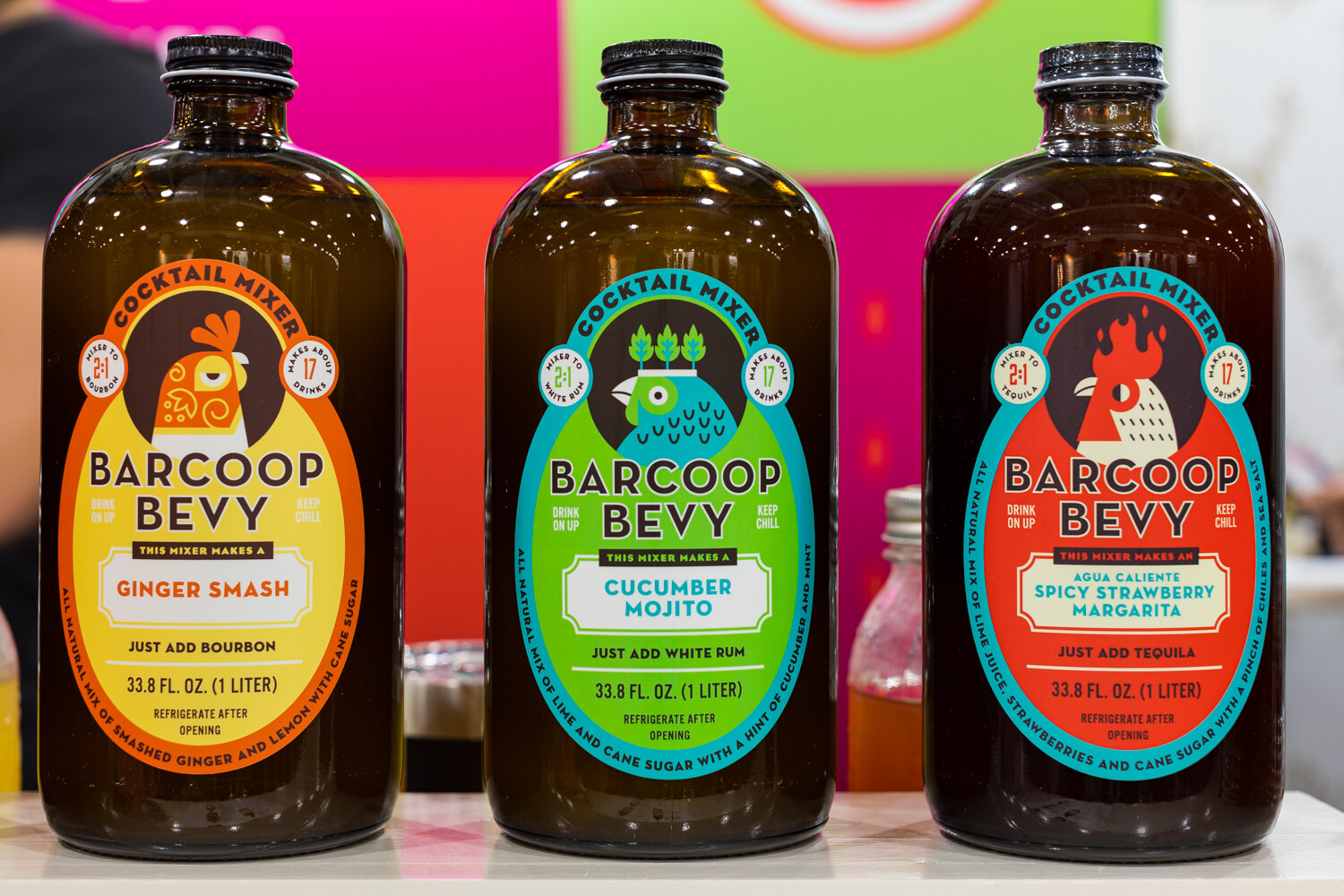 Photo of three bottles of Barcoop Bevy cocktail mixers.