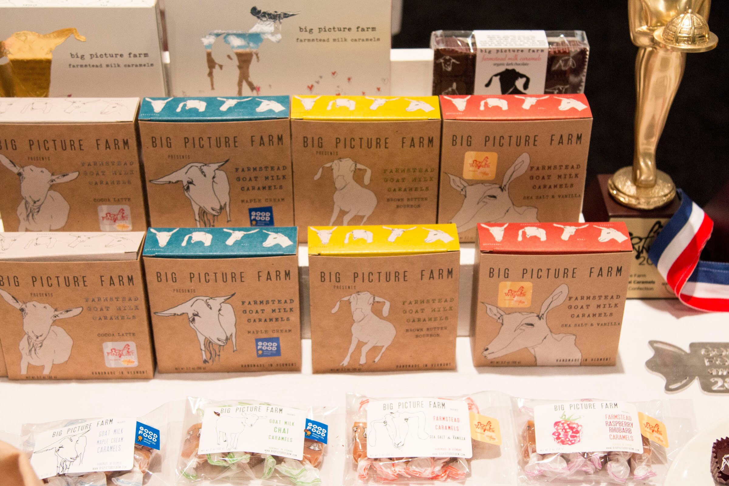 Photo of Big Picture Farm goat milk caramel boxes next to a ribbon and trophy.
