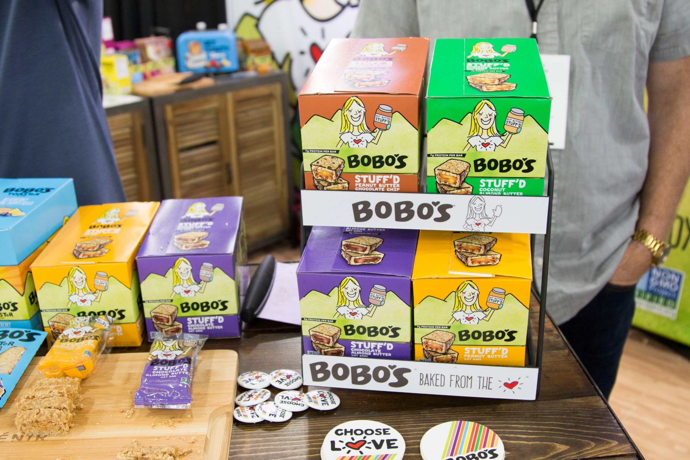 Photo of Bobo's Stuff'd oat bar boxes stacked on a table.