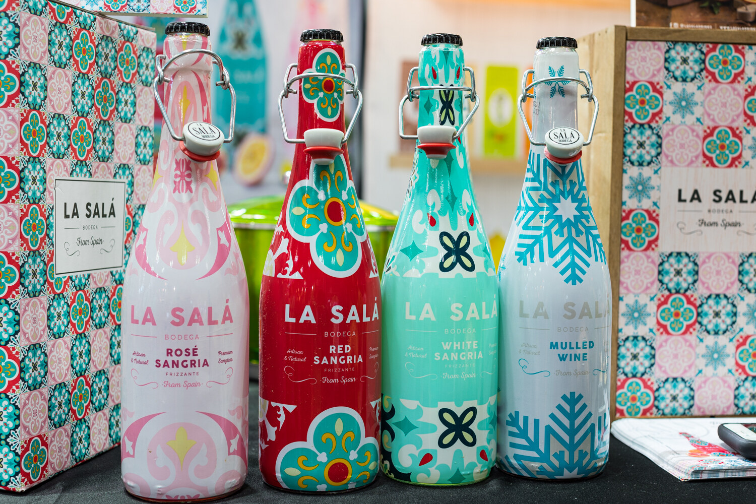 Photo of decorated bottles of La Sala sangria.
