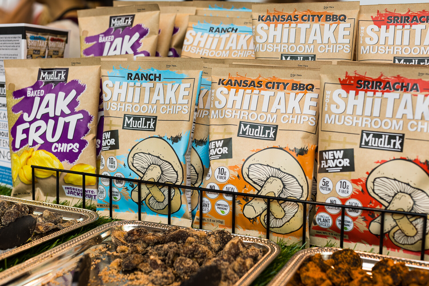 Photo of bags of MudLrk jackfruit and shiitake mushroom chips.