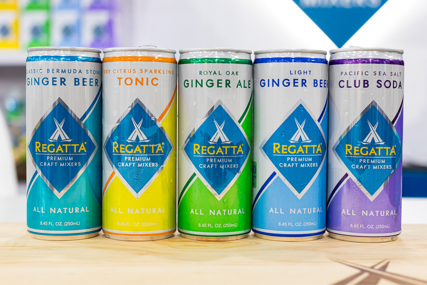 Photo of a row of Regatta craft mixer cans in several flavors.