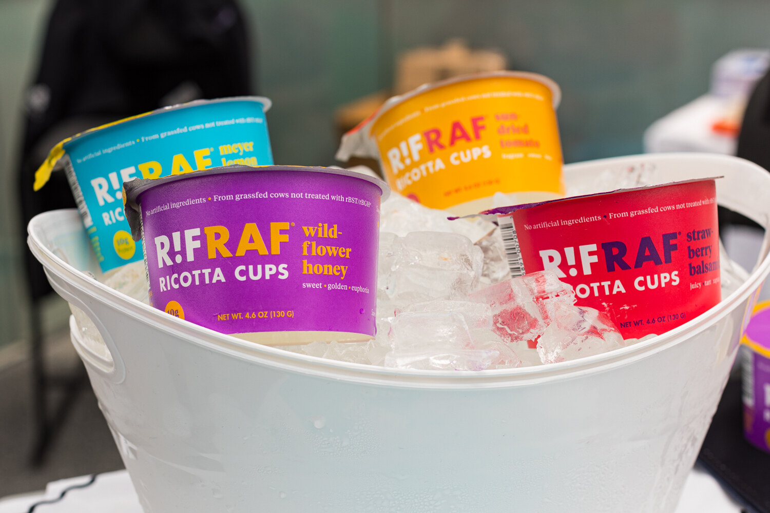 Photo of Rifraf ricotta cups sitting in ice in a white bucket.