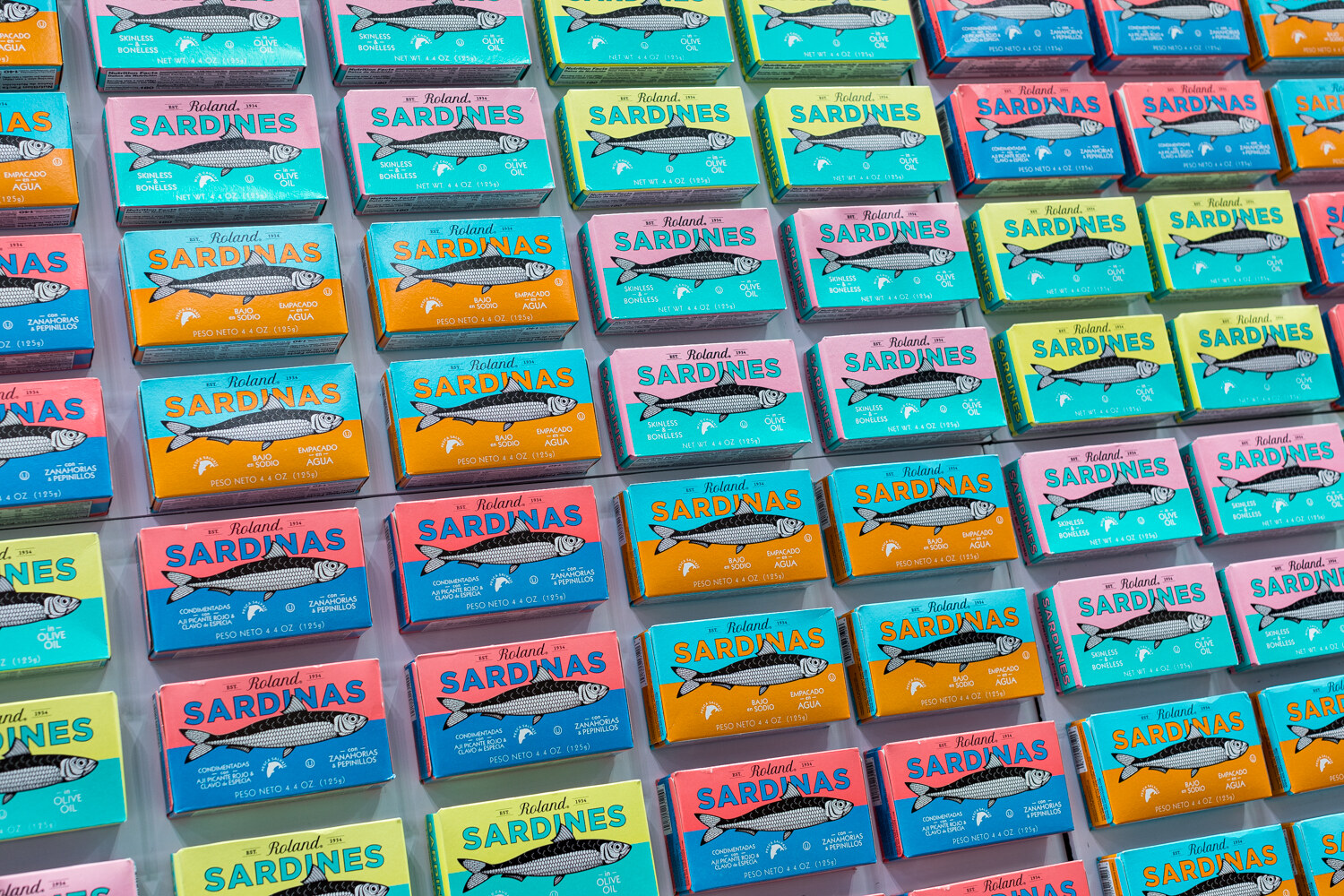 Photo of a wall of colorful sardine tins.