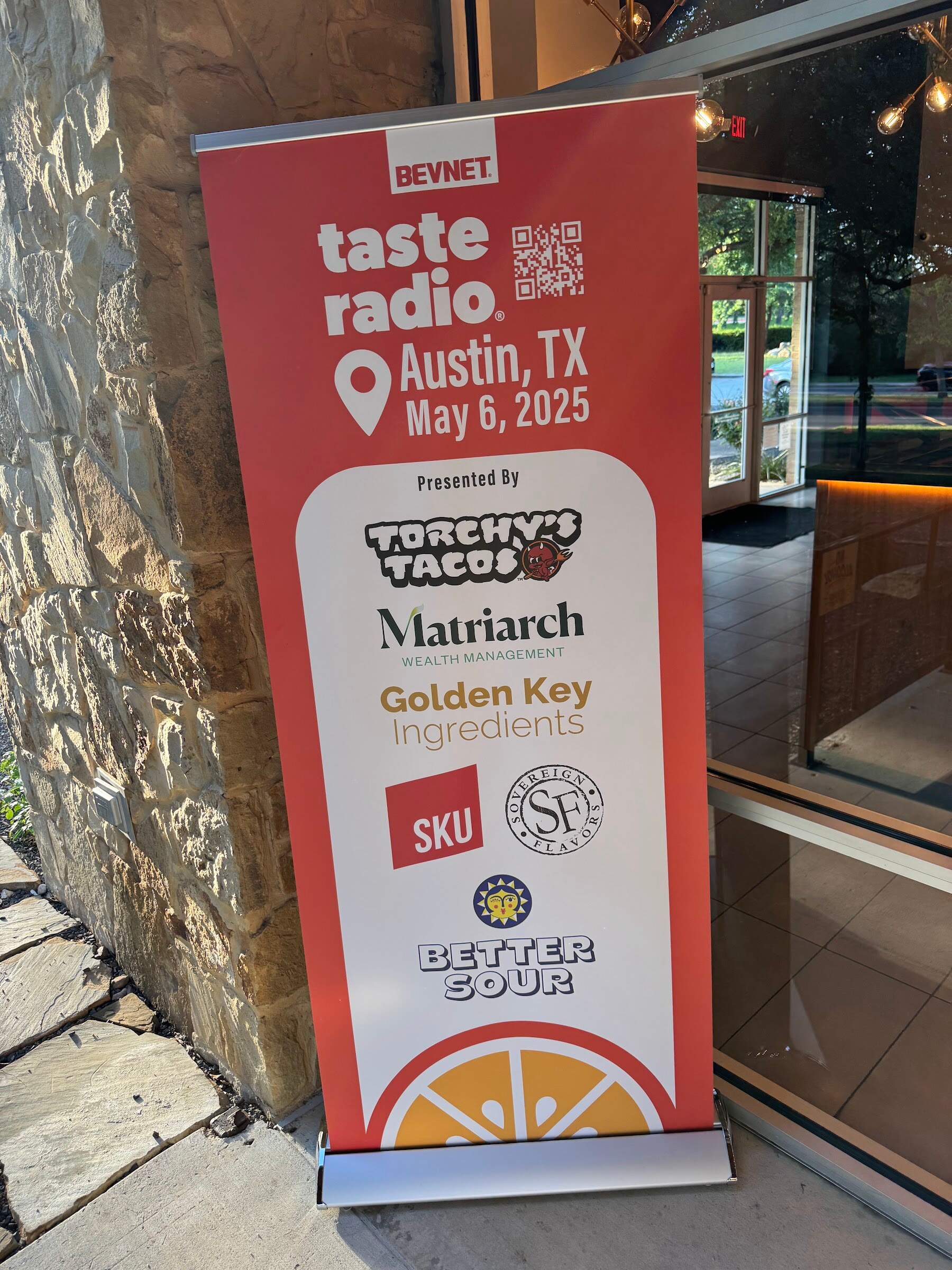Orange Taste Radio Austin banner listing Torchy's Tacos, Matriarch, Golden Key and Better Sour.