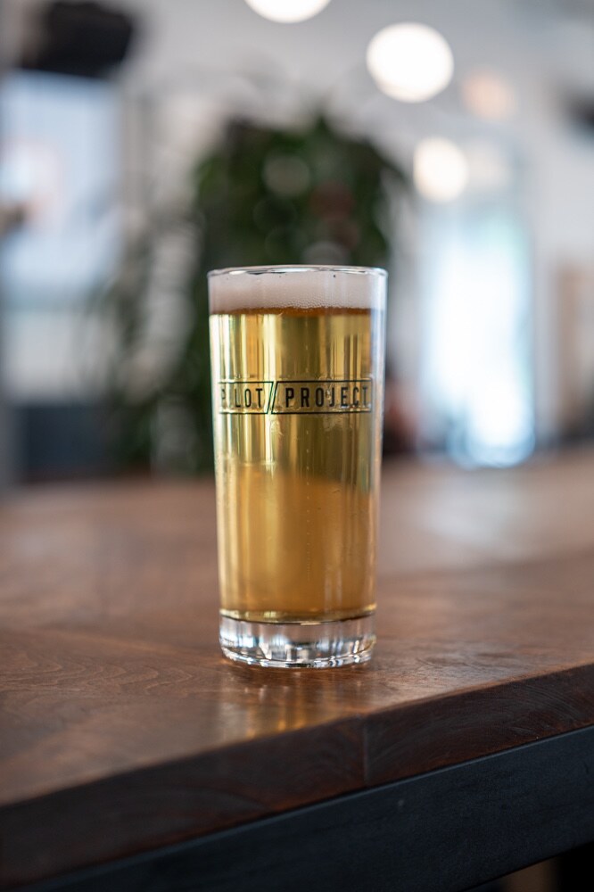 Glass of golden beer with a Pilot Project logo on a wooden bar.